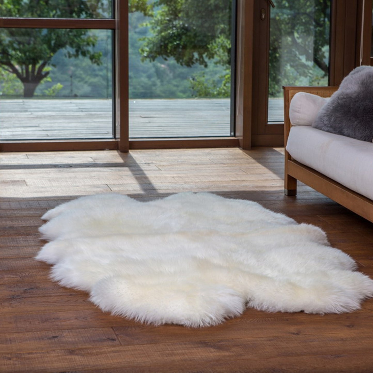 Soft and 100% natural sheepskin rug with natural, fluffy texture, showcasing premium quality craftsmanship and comfort for home decor.
