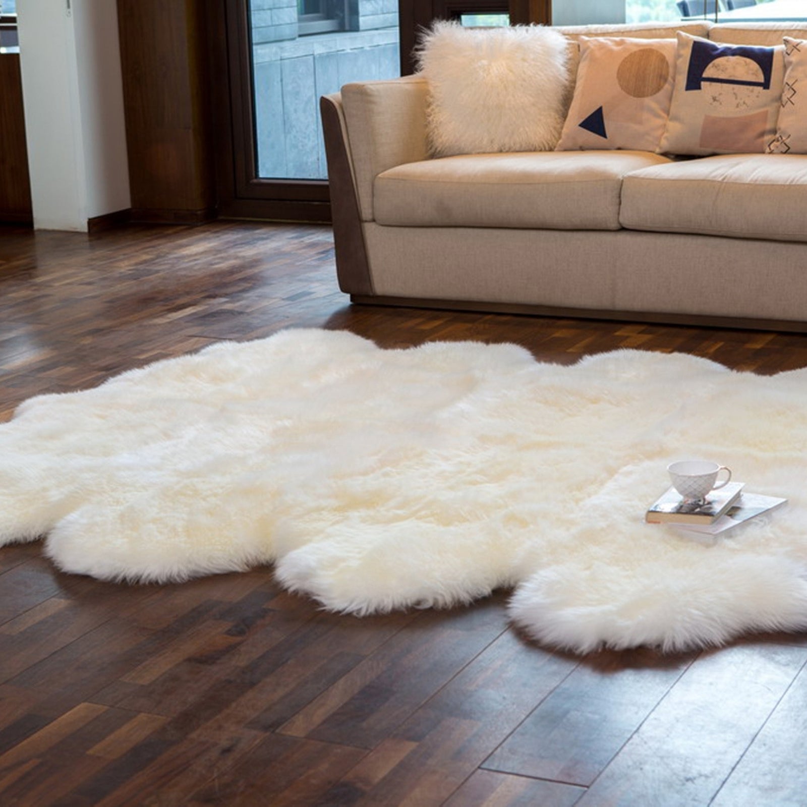 Soft and 100% natural sheepskin rug with natural, fluffy texture, showcasing premium quality craftsmanship and comfort for home decor.