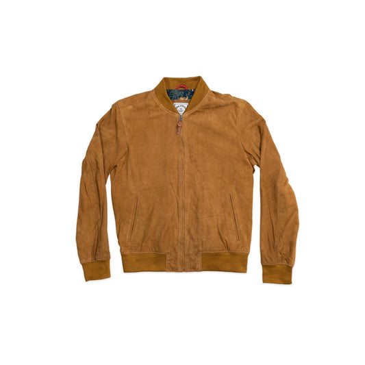 Luxuriously soft cognac goat suede bomber jacket with custom cotton poplin liner, two exterior side welt pockets for warmth, and vintage-inspired details for a classic look.