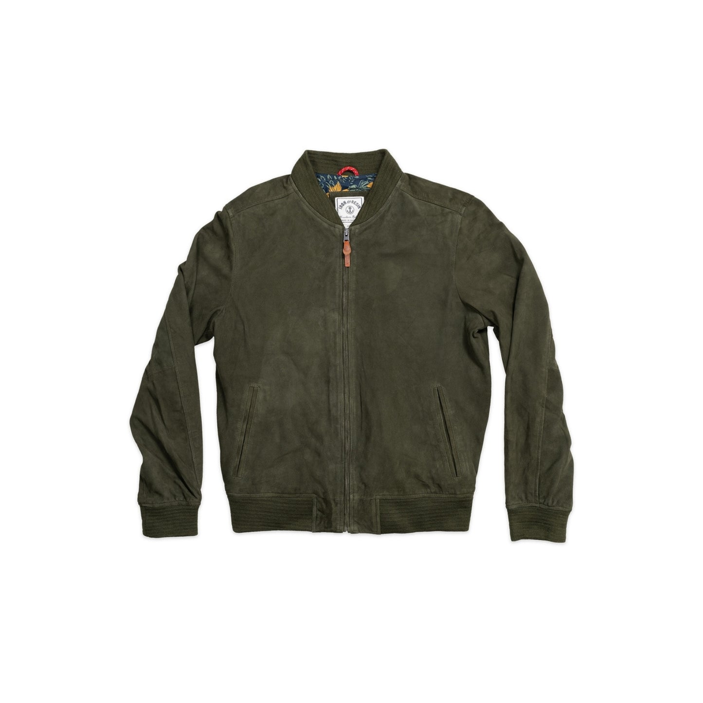 Luxuriously soft dark green goat suede bomber jacket with custom cotton poplin liner, two exterior side welt pockets for warmth, and vintage-inspired details for a classic look.