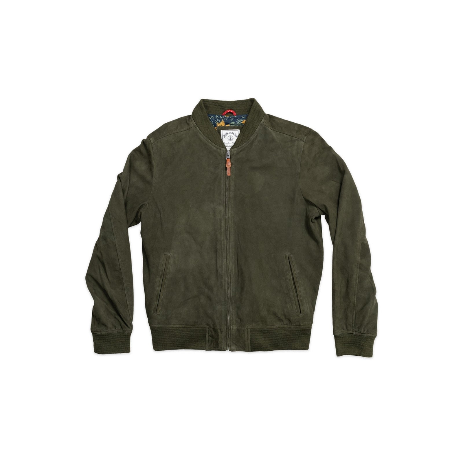 Luxuriously soft dark green goat suede bomber jacket with custom cotton poplin liner, two exterior side welt pockets for warmth, and vintage-inspired details for a classic look.