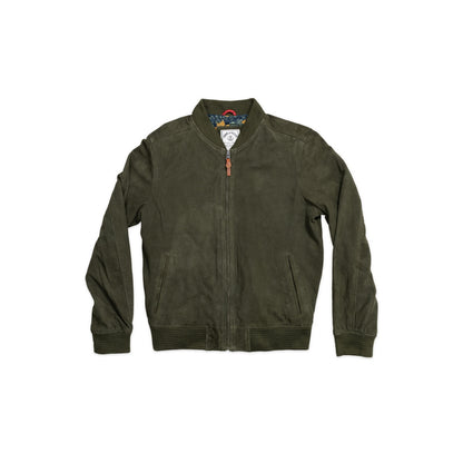 Luxuriously soft dark green goat suede bomber jacket with custom cotton poplin liner, two exterior side welt pockets for warmth, and vintage-inspired details for a classic look.