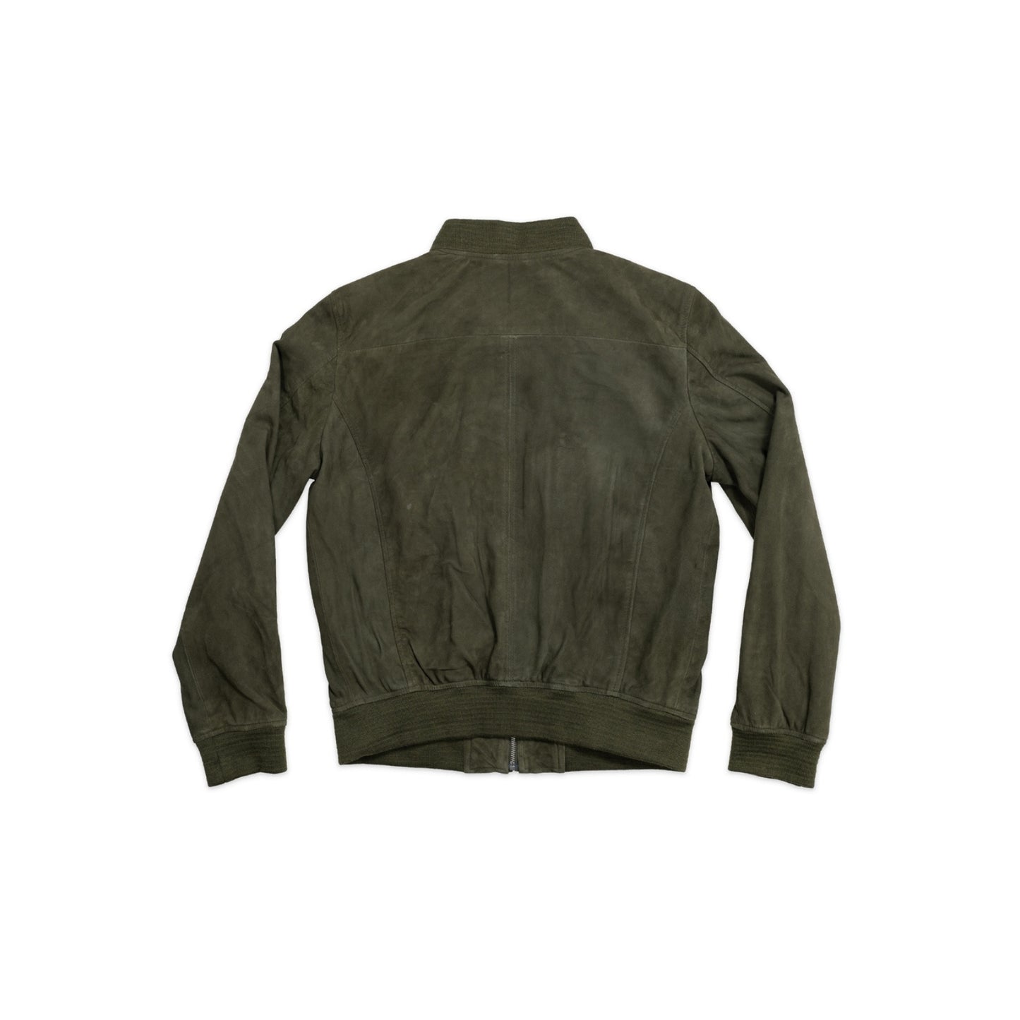 Luxuriously soft dark green goat suede bomber jacket with custom cotton poplin liner, two exterior side welt pockets for warmth, and vintage-inspired details for a classic look.