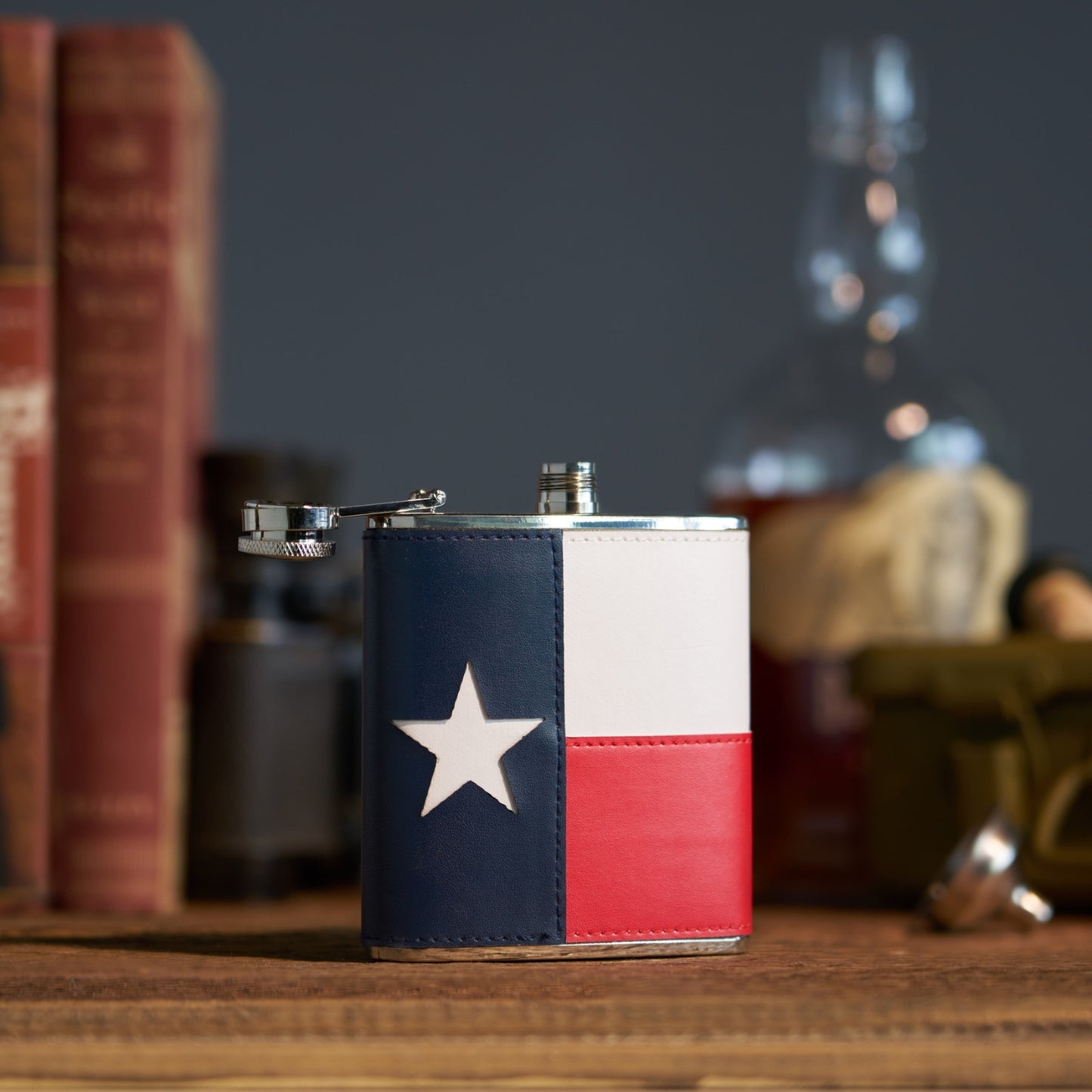 Texas flag flask, patriotic design, stainless steel flask with USA flag, perfect for 4th of July and outdoor events.