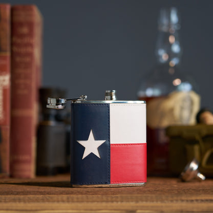 Texas flag flask, patriotic design, stainless steel flask with USA flag, perfect for 4th of July and outdoor events.