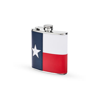 Texas flag flask, patriotic design, stainless steel flask with USA flag, perfect for 4th of July and outdoor events.