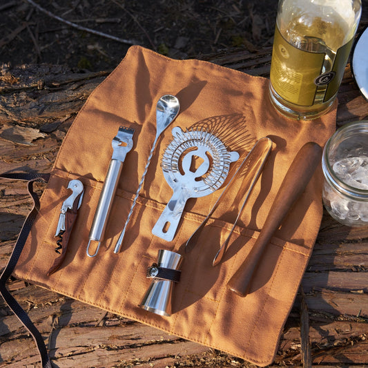 Travel canvas bar tool set, including essential bartending tools & durable canvas case.
