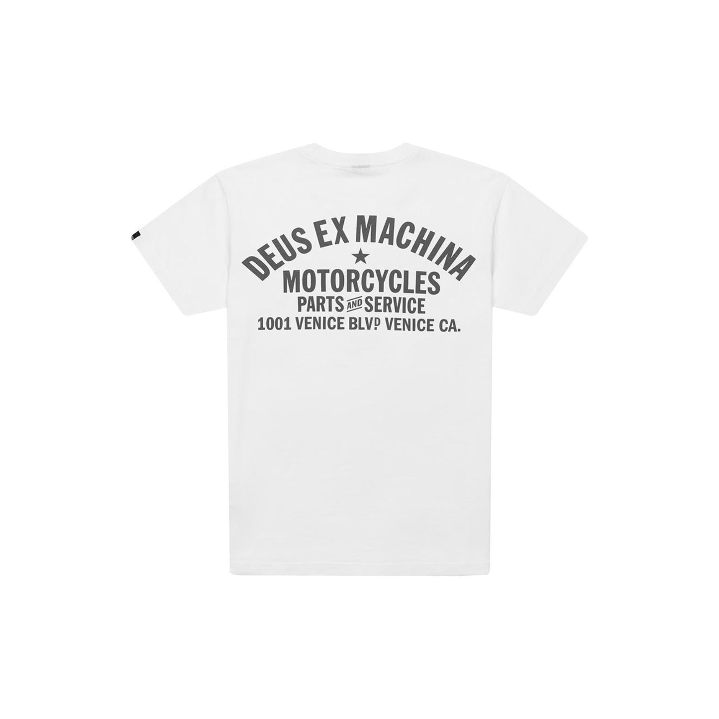 Classic white Deus Ex Machina t-shirt featuring the brand's iconic logo and bold design.


