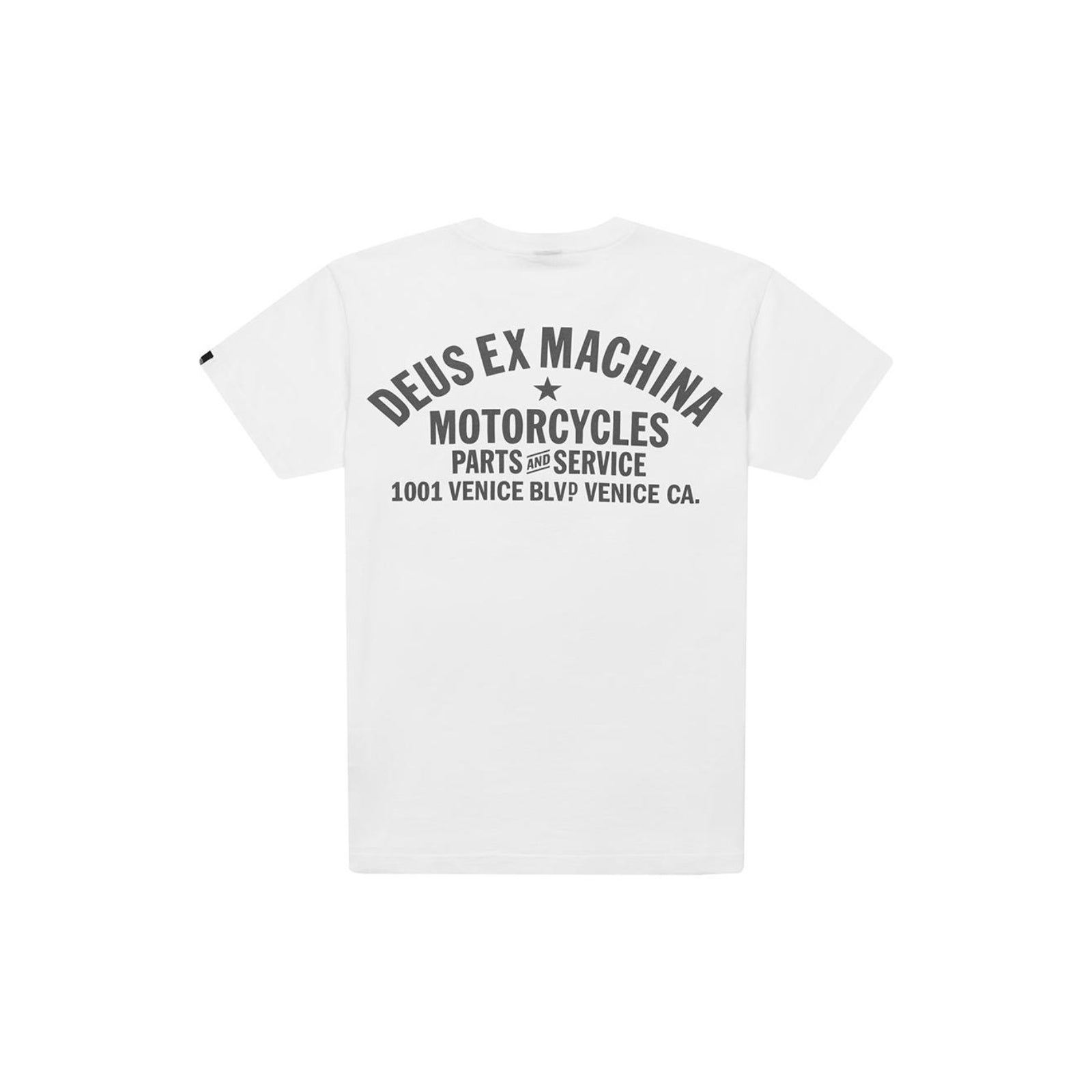 Classic white Deus Ex Machina t-shirt featuring the brand's iconic logo and bold design.



