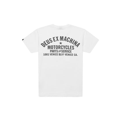 Classic white Deus Ex Machina t-shirt featuring the brand's iconic logo and bold design.


