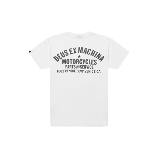 Classic white Deus Ex Machina t-shirt featuring the brand's iconic logo and bold design.


