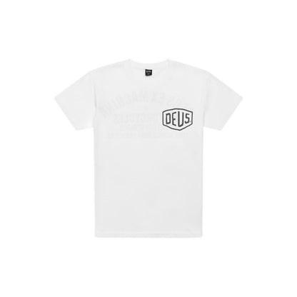 Classic white Deus Ex Machina t-shirt featuring the brand's iconic logo and bold design.
